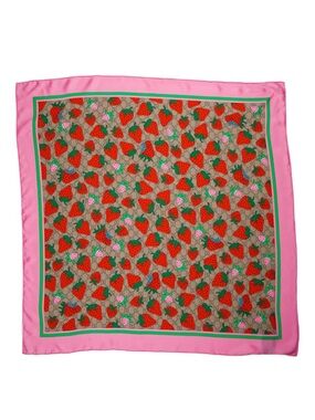 Gucci Tasty Strawberry GG Logo Silk Scarf Pink 34” x 34” Hand Rolled